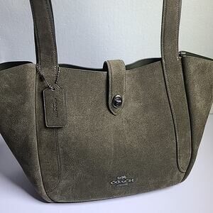 NWT COACH Hadley SUEDE Army Green Olive/ Gunmetal Leather Turnlock Tote Shoulder